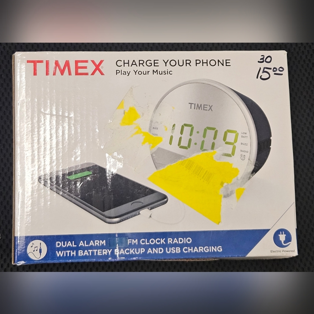 Timex Dual Alarm/ FM Clock w/Built-in Speaker, USB Charger, Green LED Display w/ - Picture 2 of 10
